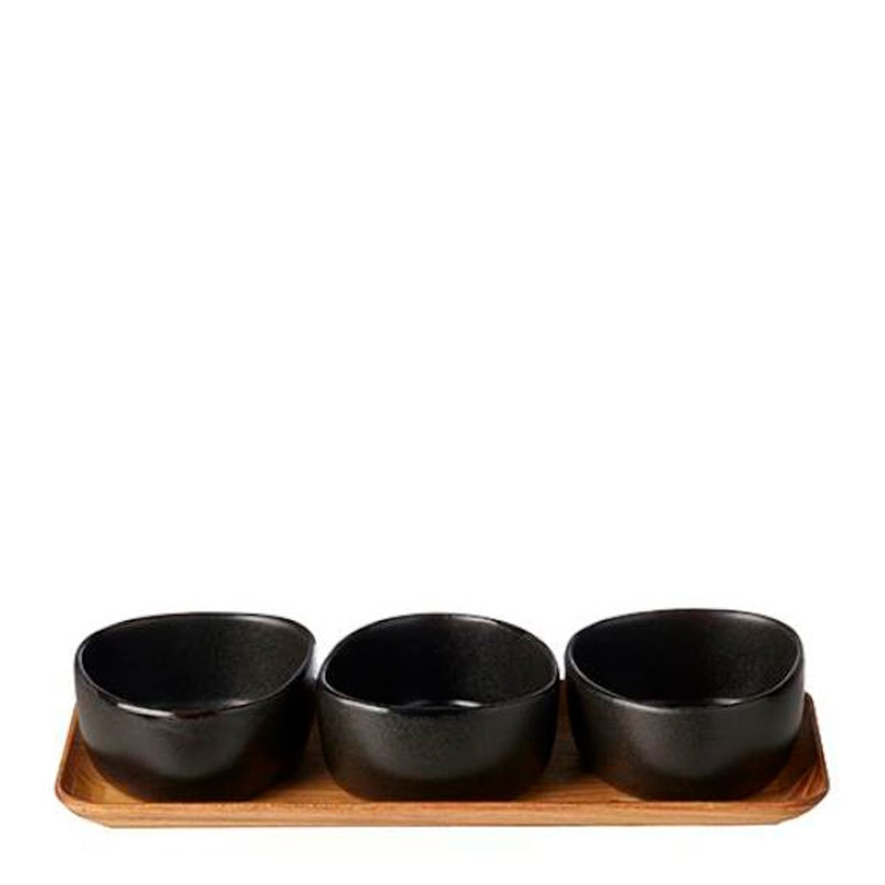 RAW Organic 3 Skålar på teakträbräda Titanium Black