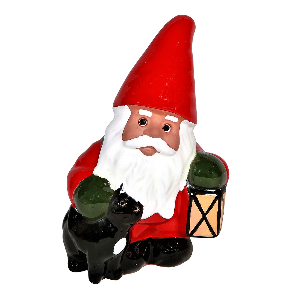 Tomte med katt & lykta Röd 19 cm