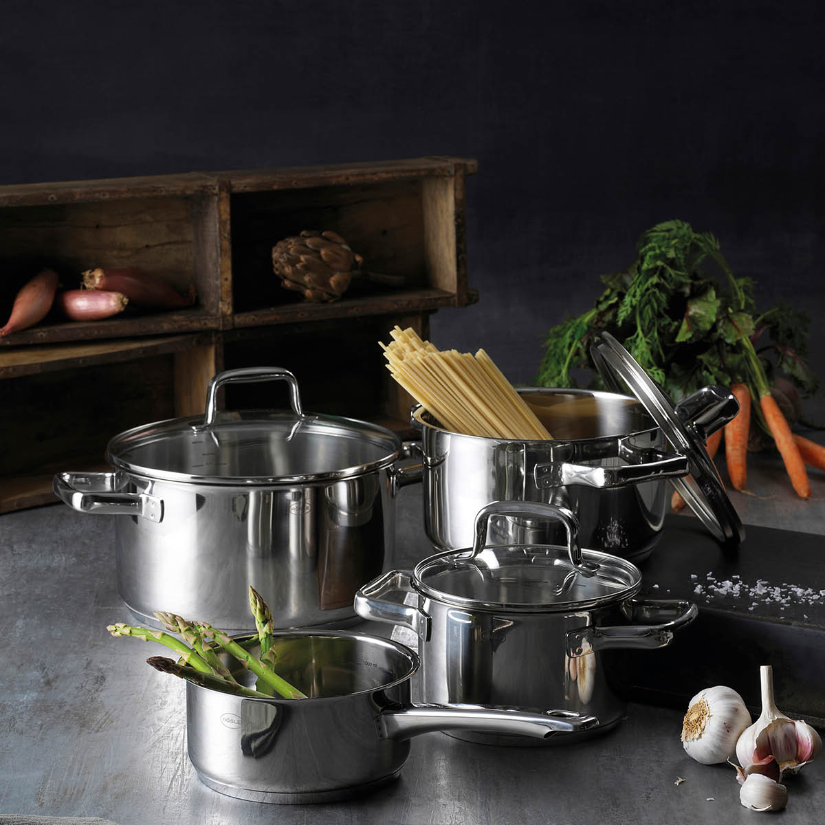 Moments Grytset med glaslock 7 delar Rostfri