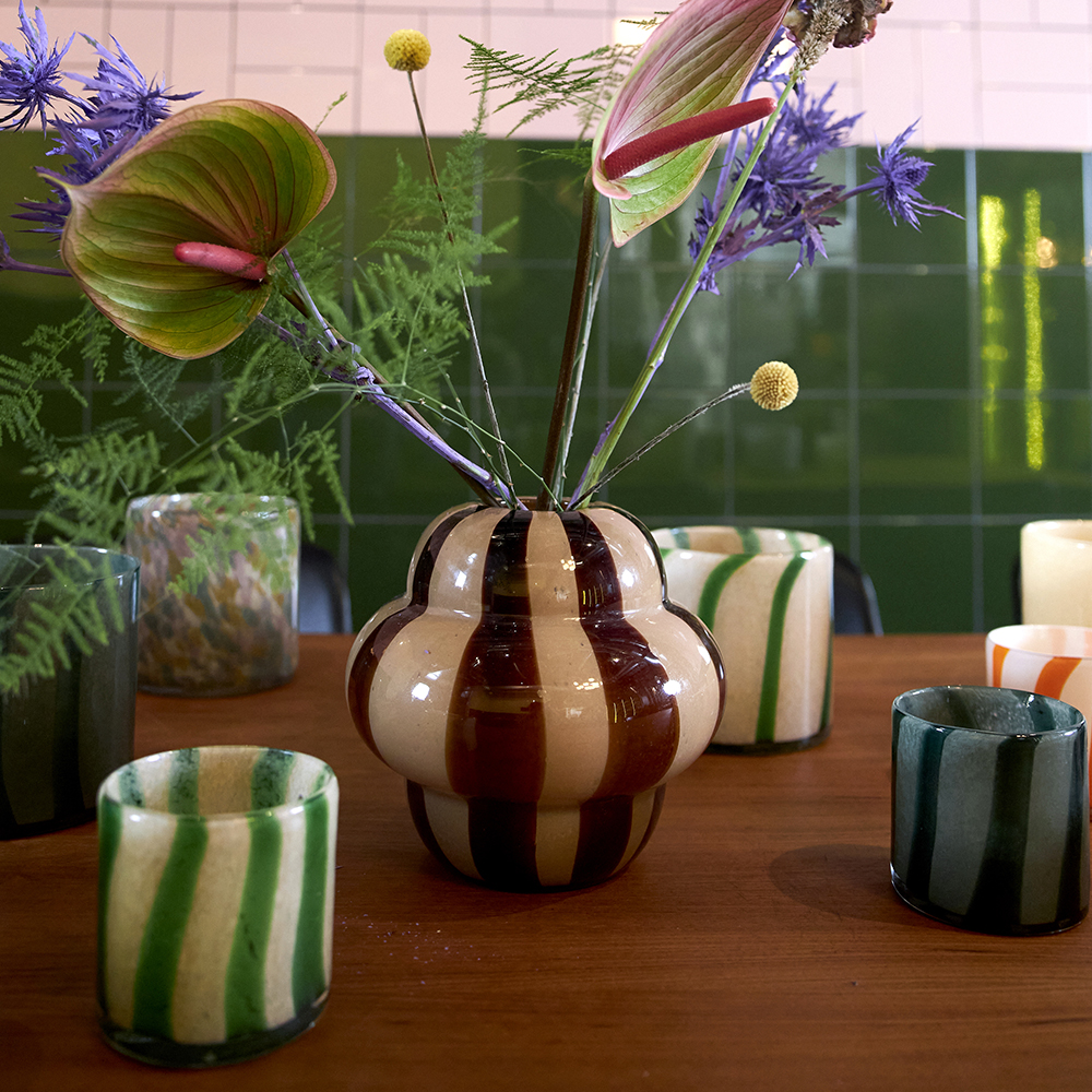 Calore Ljuslykta 15x15 cm Grön/Beige Randig