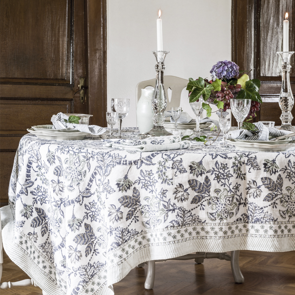 Floral Bordsduk Lin 170x270 cm Blå