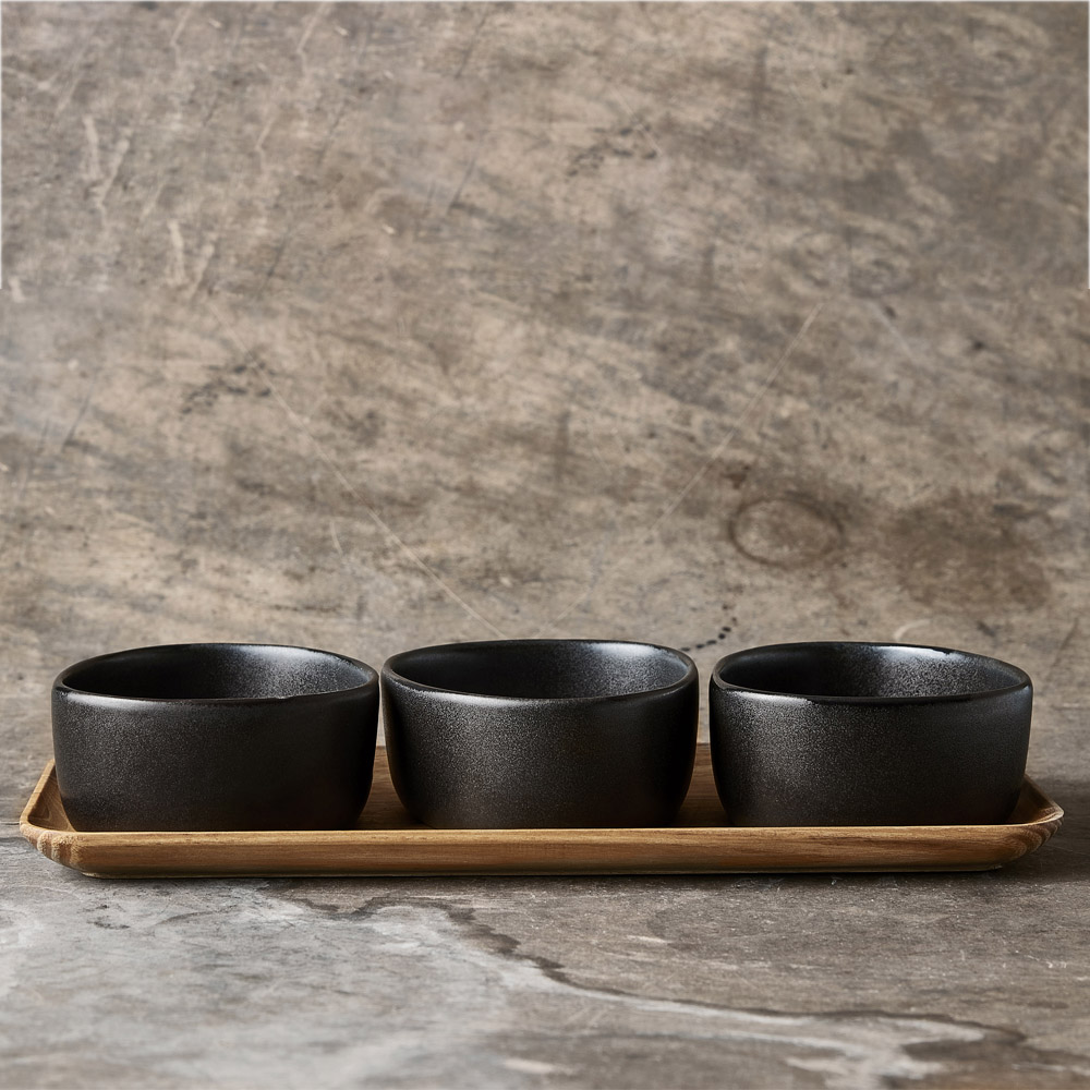 RAW Organic 3 Skålar på teakträbräda Titanium Black