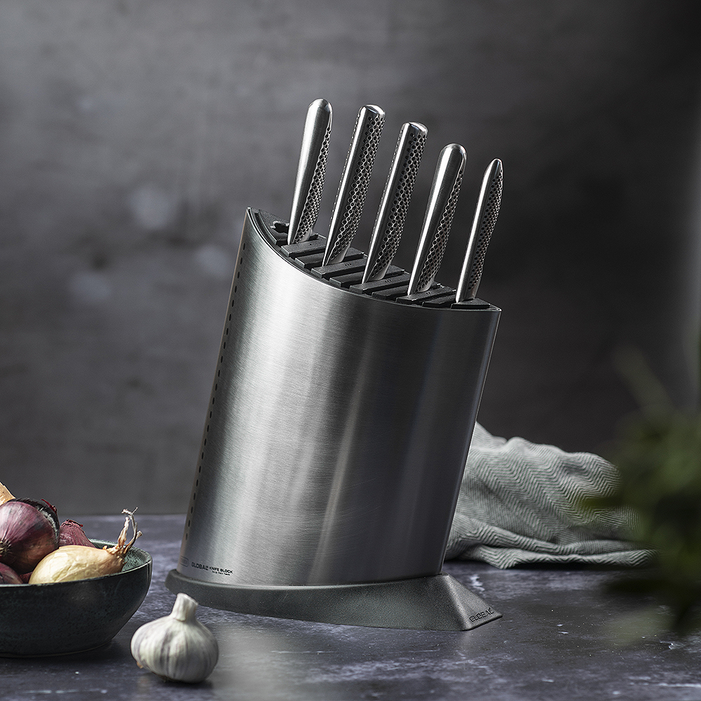 Global Knivblock för 9 knivar och skärpstål Rostfri