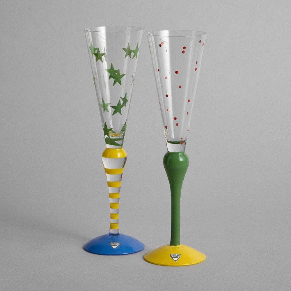 SÅLD "Clown" Champagneglas 2 st Gul/Grön/Blå
