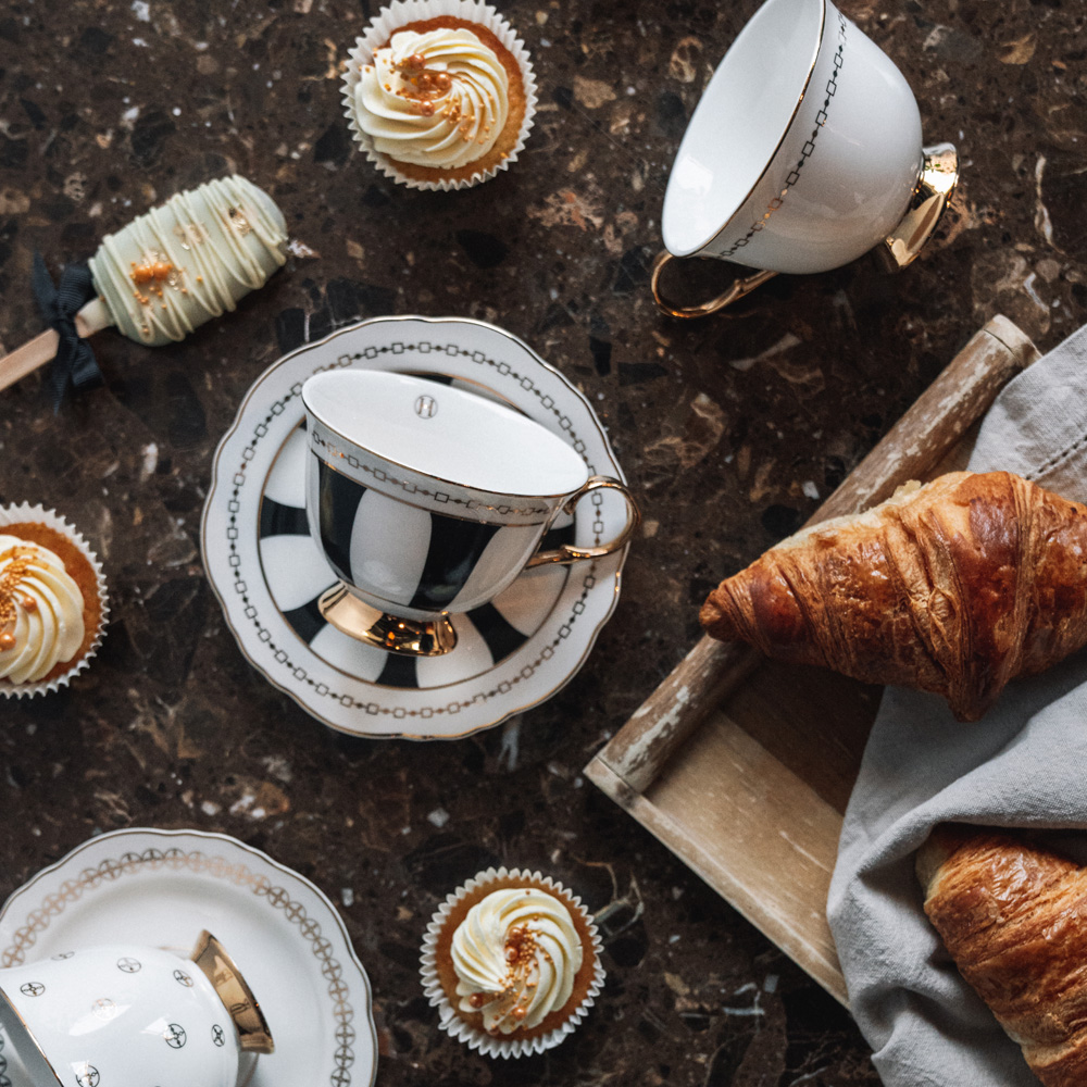 Kopp med Fat 22 cl Strisce Nero Svart/Vit