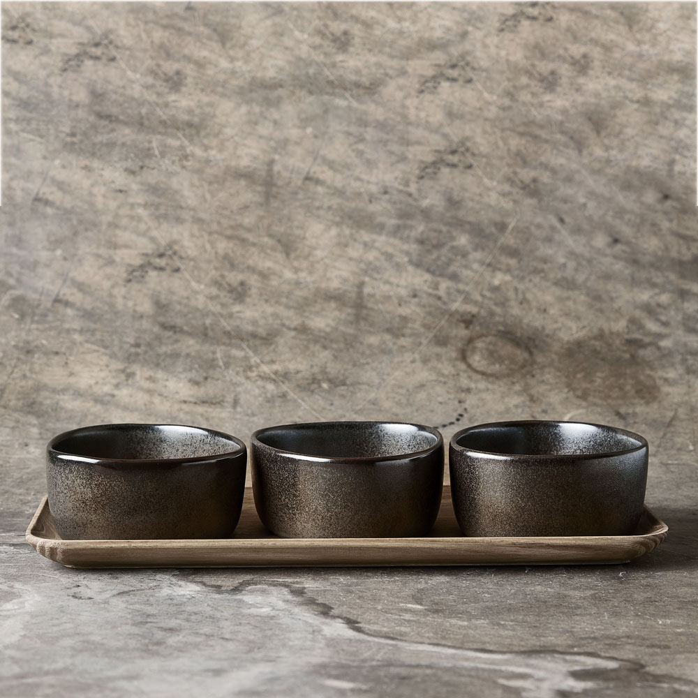 RAW Organic 3 Skålar på teakträbräda Metallic Brown