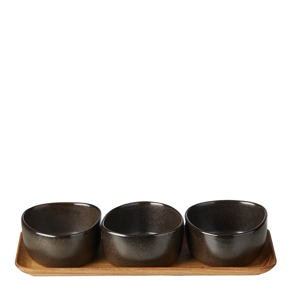 RAW Organic 3 Skålar på teakträbräda Metallic Brown