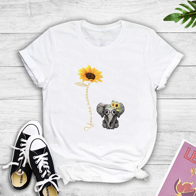 Cartoon Elephant Sunflower English Print T-shirt