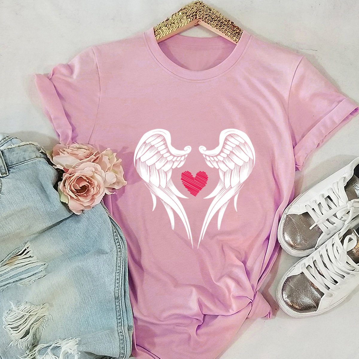 Cotton Heart-shaped Short-sleeved T-shirt