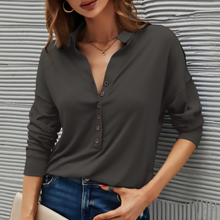 Women's T-shirt Long Sleeve T-shirts Patchwork Button Casual Solid Color