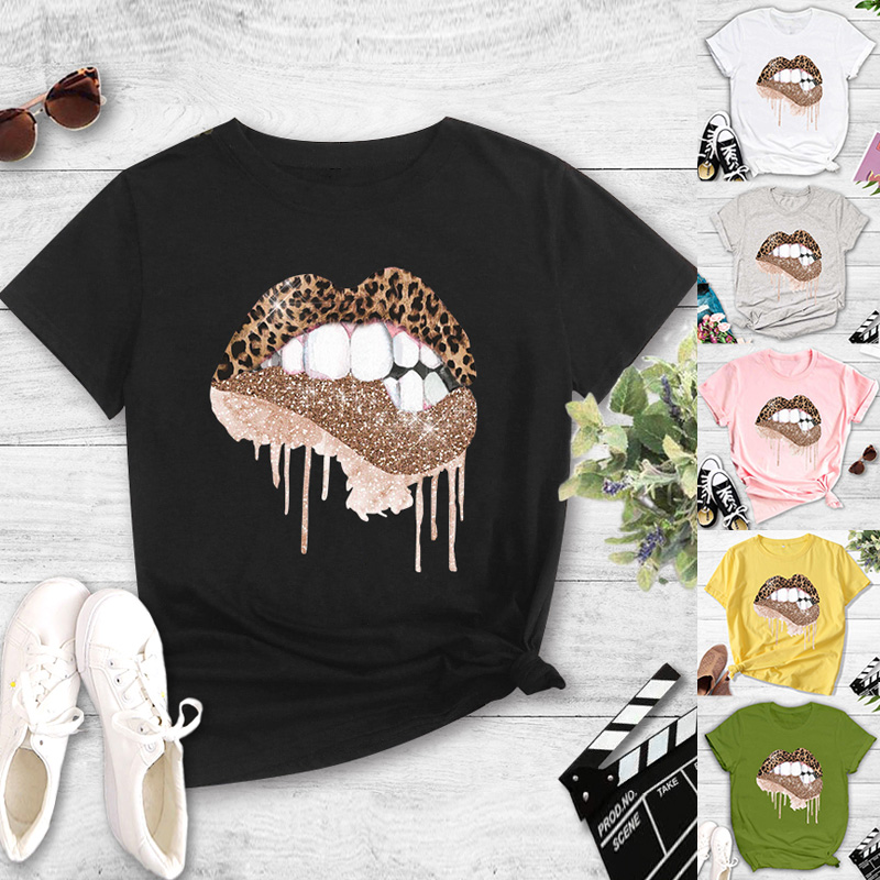 Summer Sexy Leopard Print Lips Print Casual Short-sleeved T-shirt