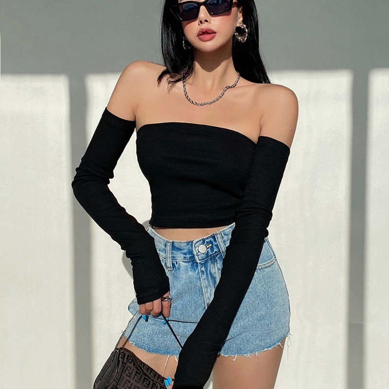 One-line Collar Wrap Chest Long-sleeved Top Cropped Navel Vest