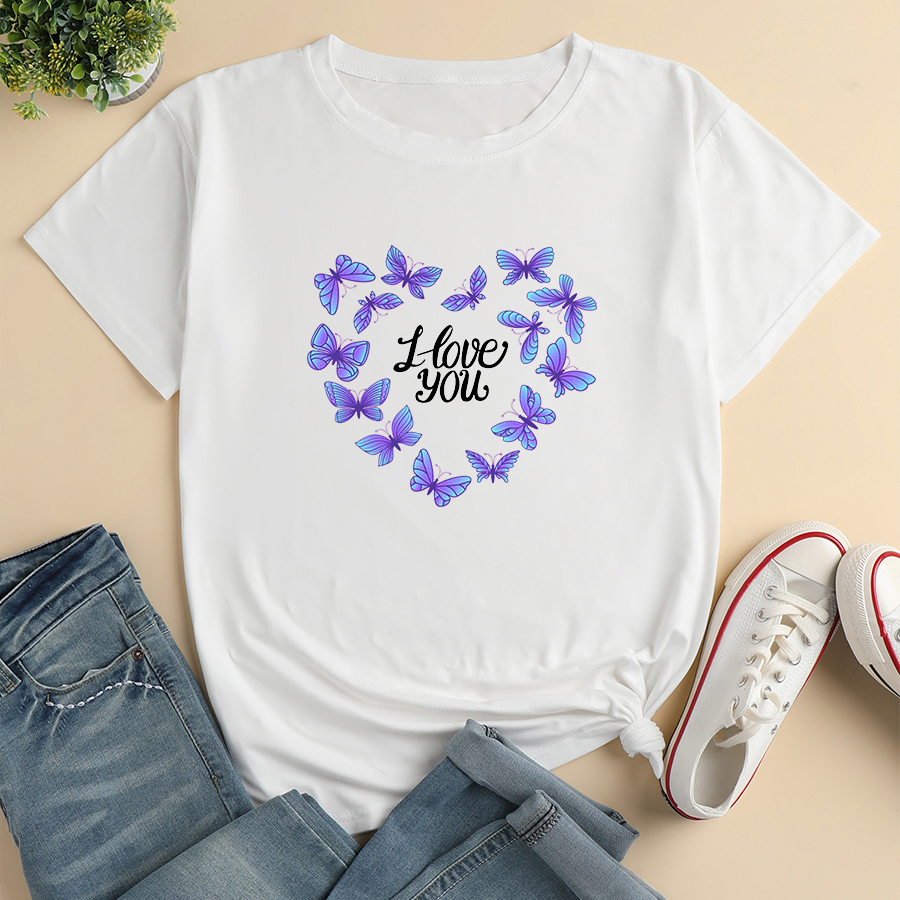 Short-sleeved Butterfly Heart Alphabet Print Loose Casual T-shirt