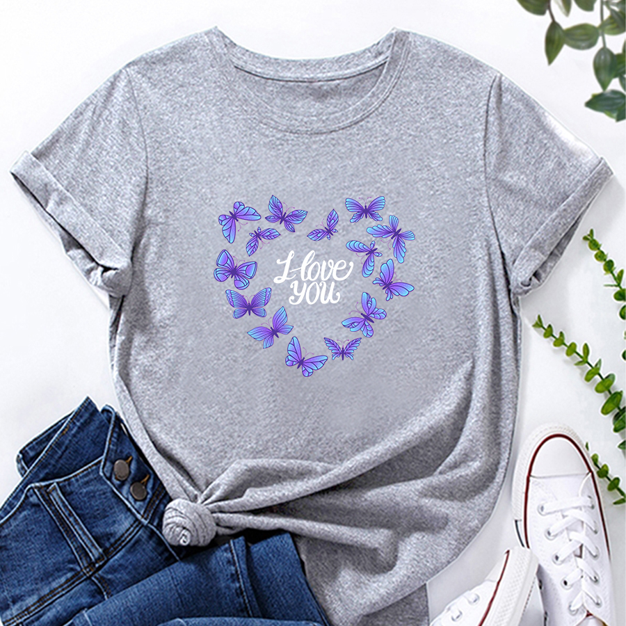 Short-sleeved Butterfly Heart Alphabet Print Loose Casual T-shirt