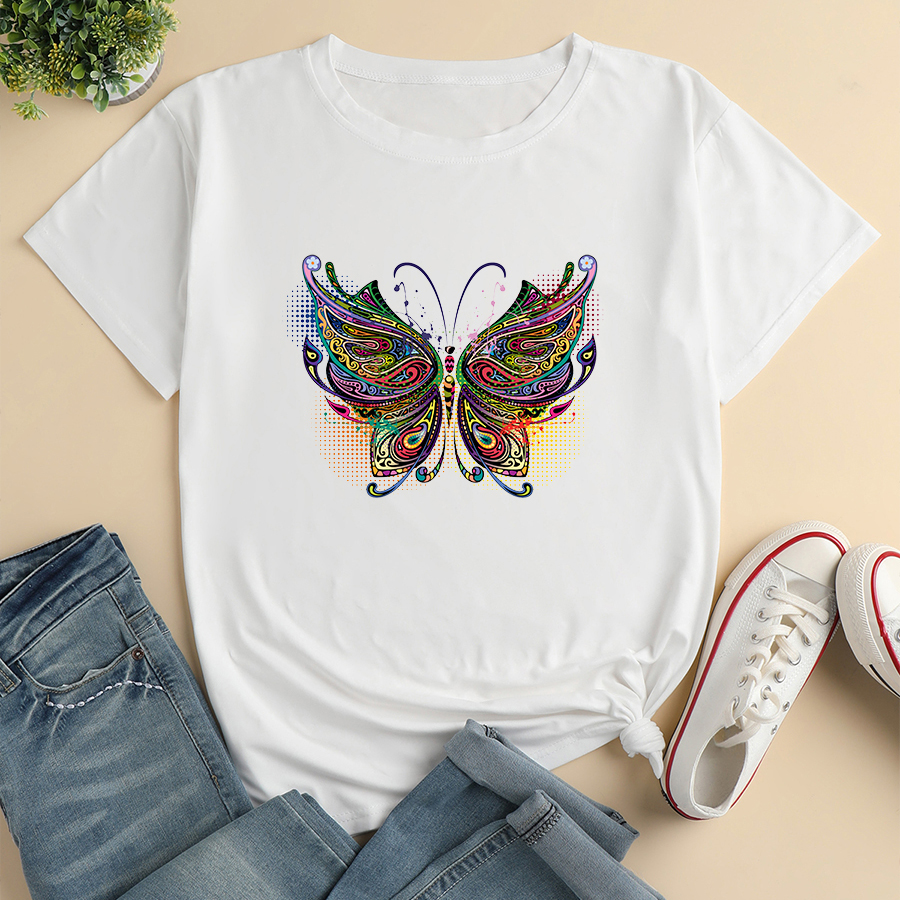 Colorful Butterfly Fashion Print Ladies Loose Casual T-shirt