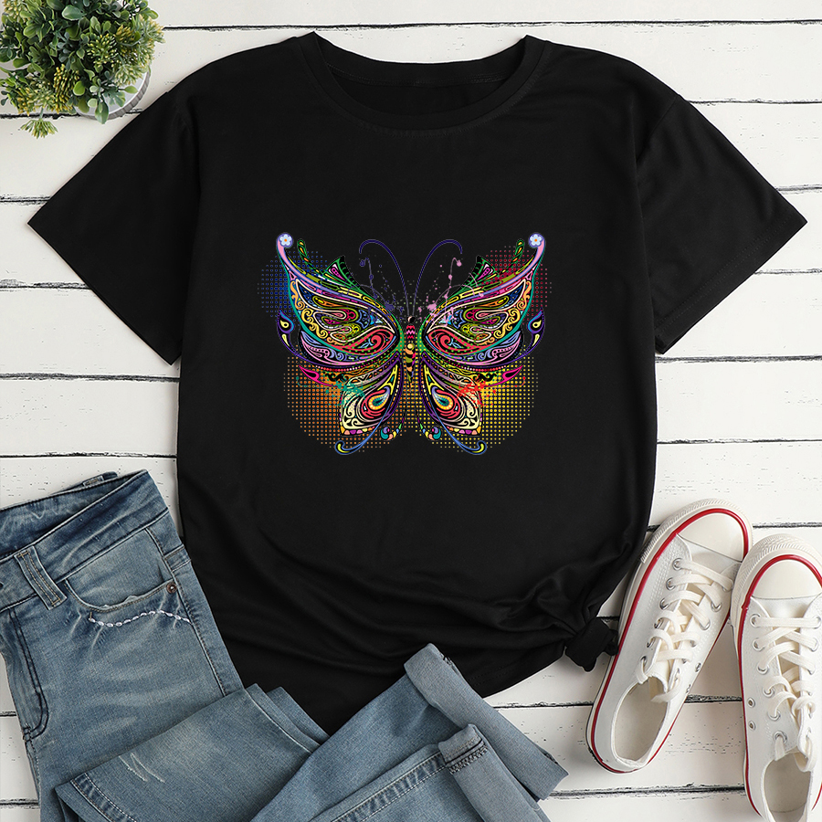 Colorful Butterfly Fashion Print Ladies Loose Casual T-shirt