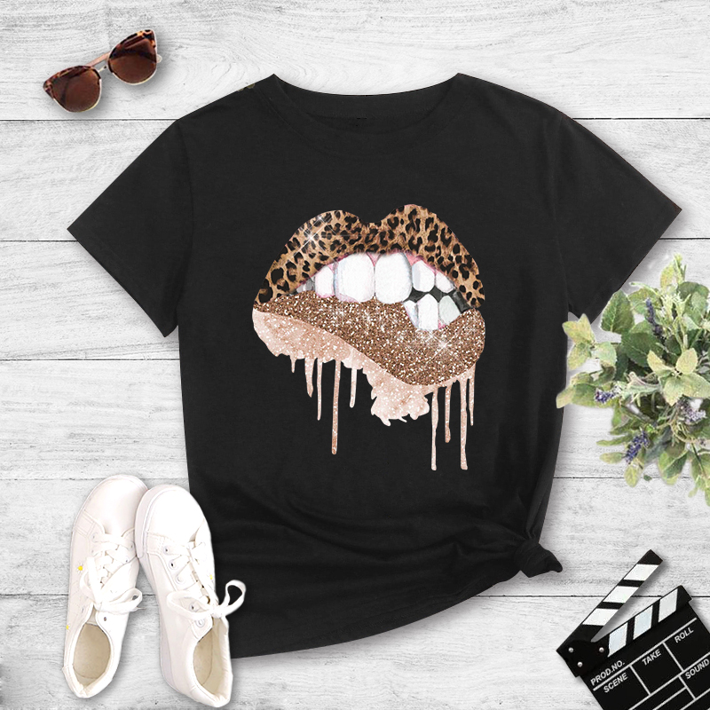 Summer Sexy Leopard Print Lips Print Casual Short-sleeved T-shirt