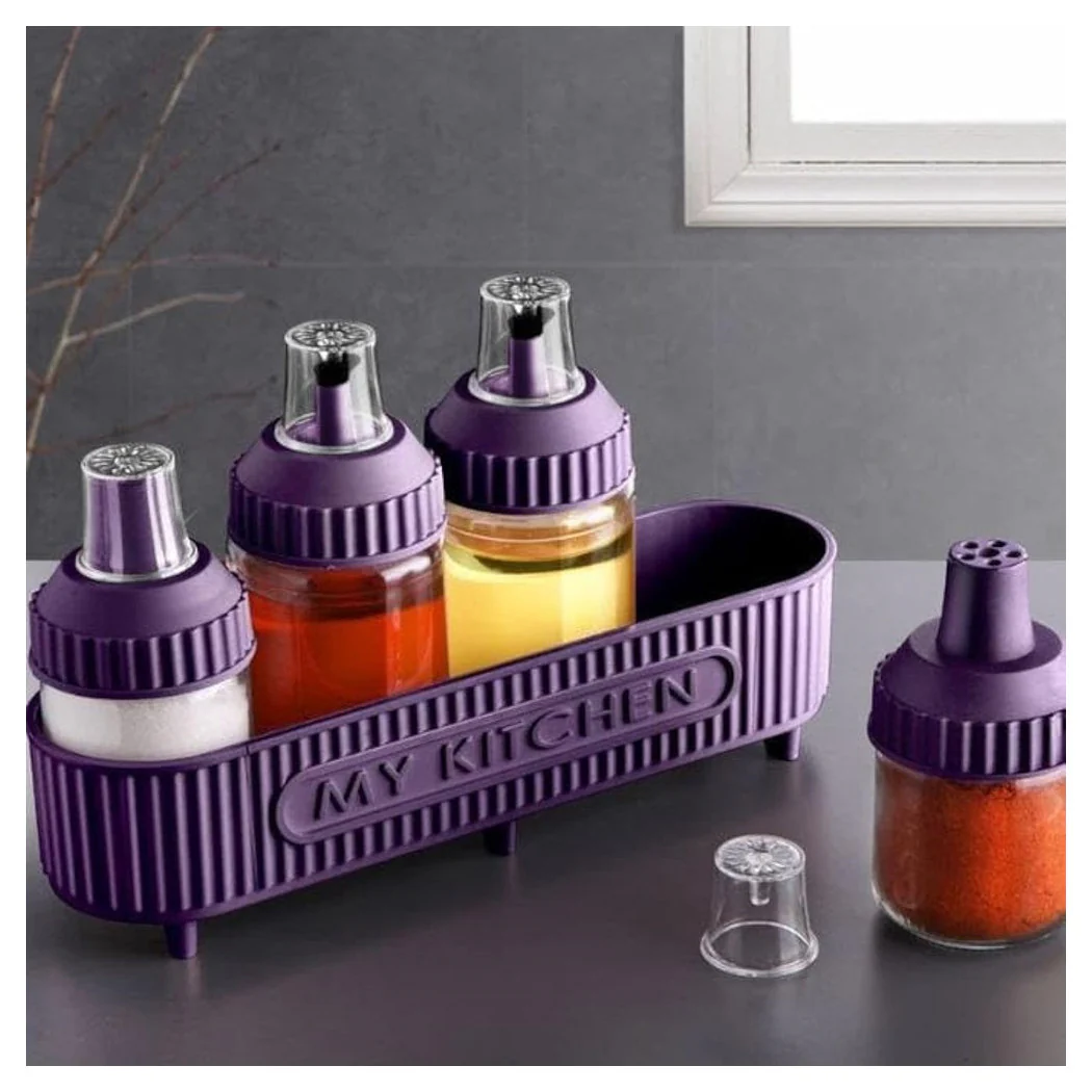 Conjunto de recipientes de aceites de especias con soporte violeta 5pcs cocina para preservar la temporada de curación