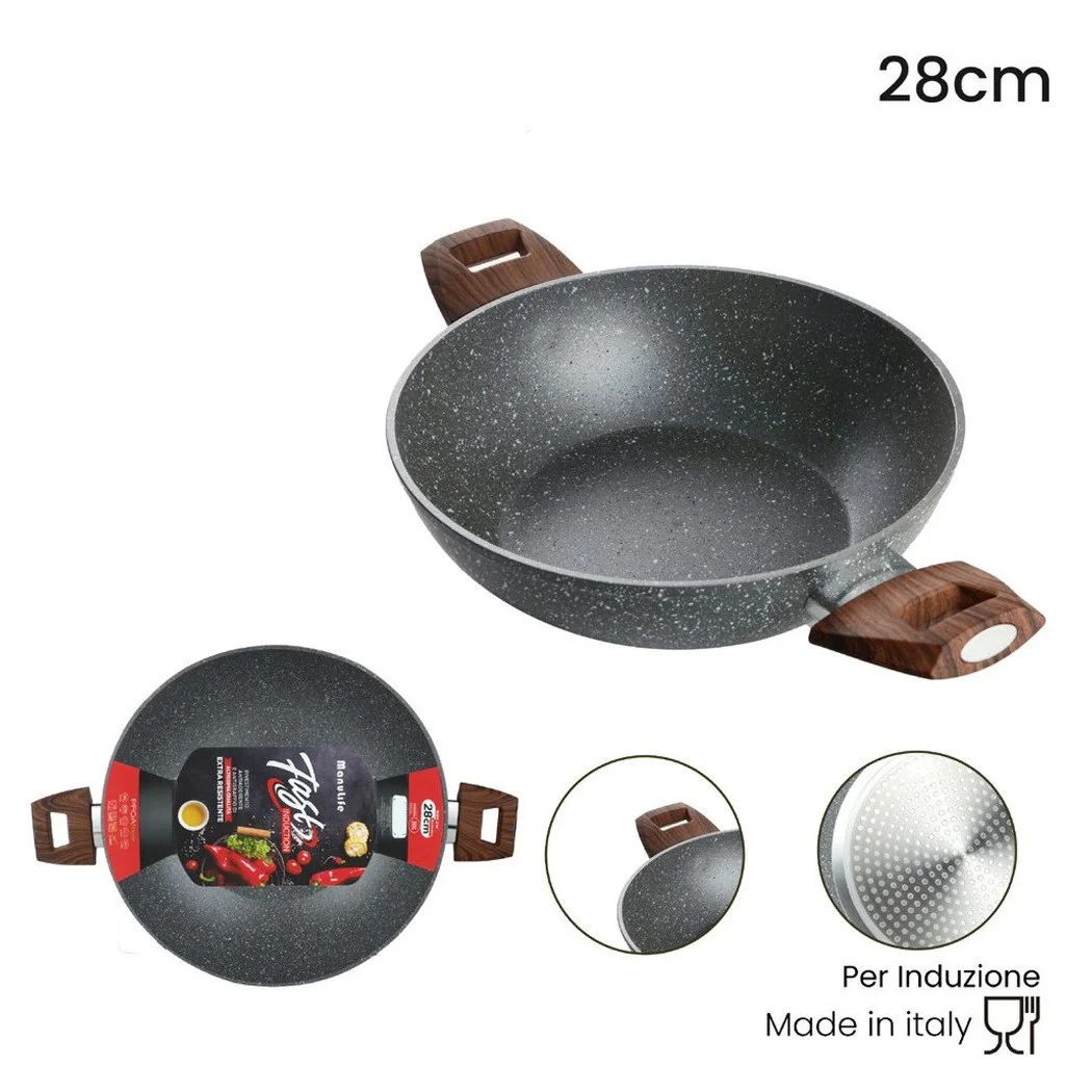 Recubrimiento anti-rayado de wok anti-palo para inducción con 2 asas de madera Ø24-28-32cm