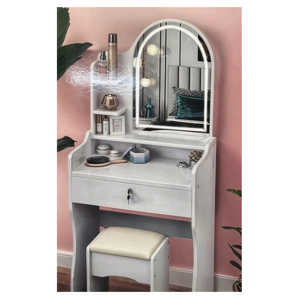 Estación de maquillaje de inodoro con un taburete de espejo moderno con luz LED Touch 2 colores