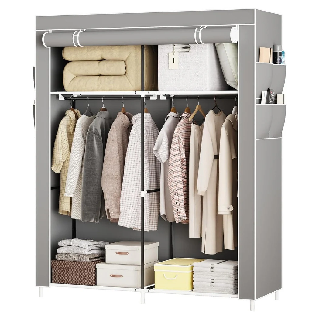 Organizador de plegado de guardarropa de lona portátil con estantes 2 pistas para colgar la ropa