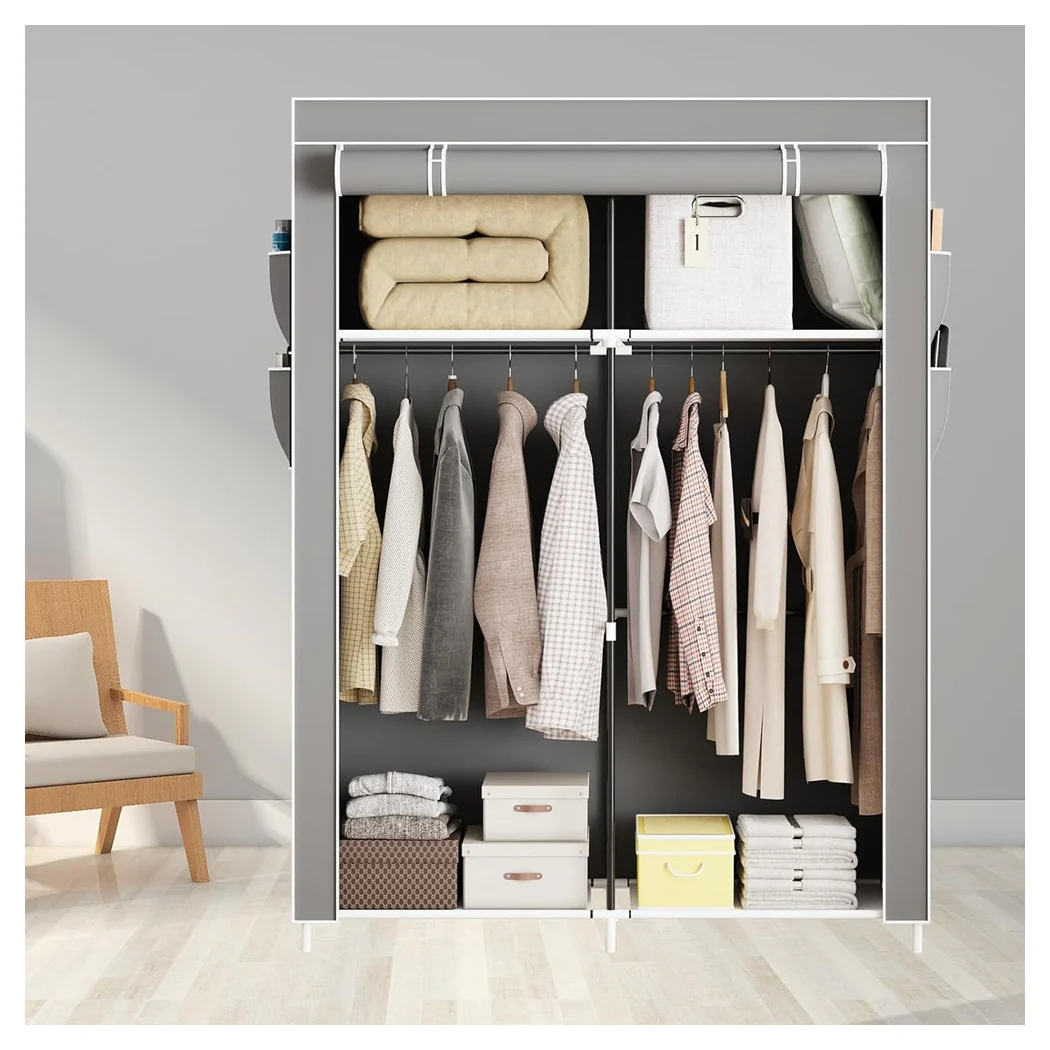 Organizador de plegado de guardarropa de lona portátil con estantes 2 pistas para colgar la ropa