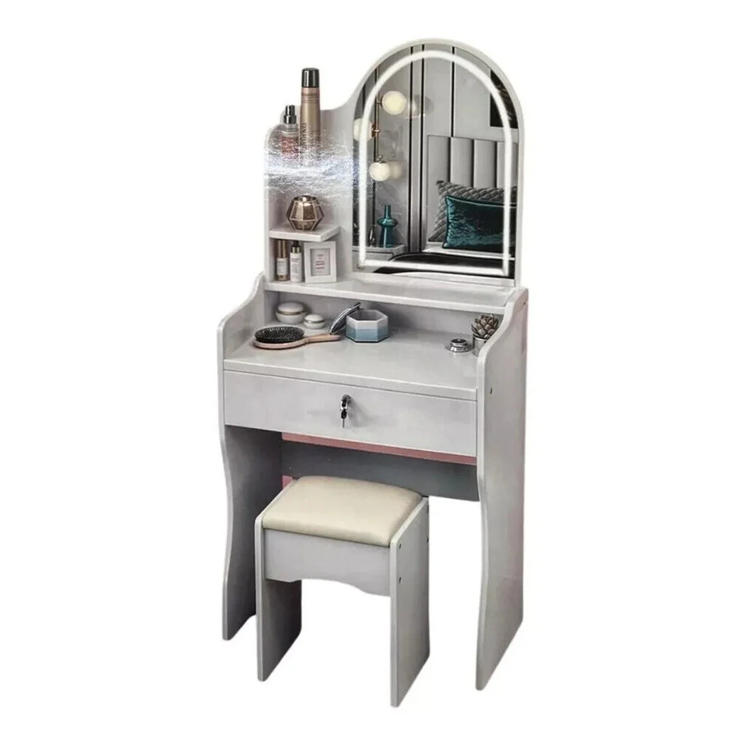 Estación de maquillaje de inodoro con un taburete de espejo moderno con luz LED Touch 2 colores