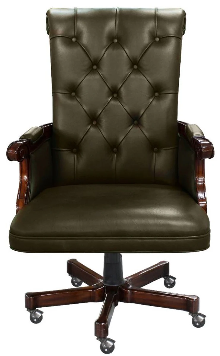 Casa Padrino silla de oficina Chesterfield de lujo verde oscuro / marr¨®n oscuro 71 x 76 x A. 114 cm - Silla de escritorio de caoba ajustable en altura con piel genuina - Muebles Chesterfield Oficina