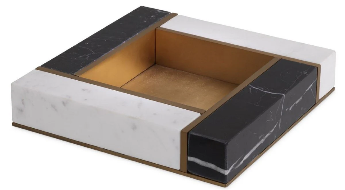 Casa Padrino bandeja de servicio de mármol de lujo negro / blanco / latón antiguo 20 x 20 x A. 4 cm - Accesorios de gastronomía de lujo