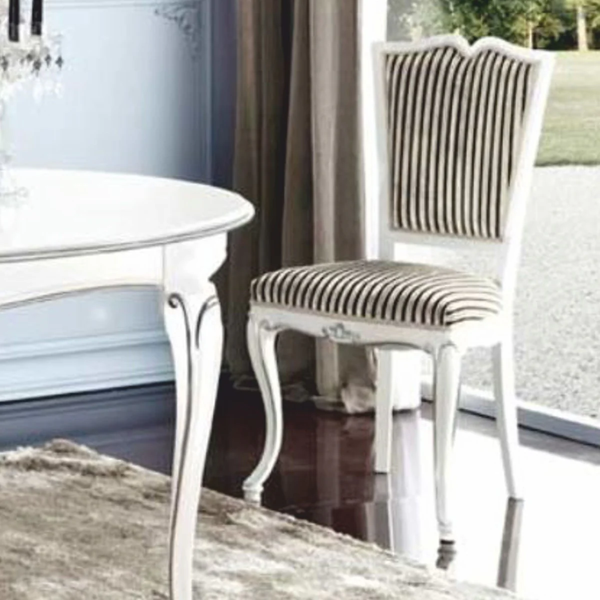 Casa Padrino Silla de Comedor Barroco de Lujo Plata / Negro / Blanco / Plata - Muebles Barrocos - Hecho en Italia