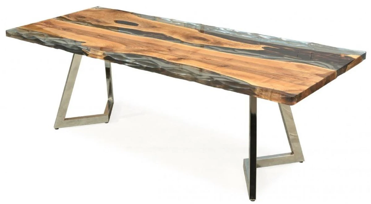 Casa Padrino mesa de comedor de lujo marr¨®n / plata 230 x 100 x A. 76 cm - Mesa de cocina rectangular con resina epoxi - Muebles de comedor - Muebles de resina epoxi - Muebles de lujo