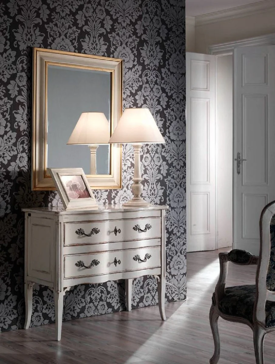 Casa Padrino cómoda barroco de lujo blanco antiguo / plata - Cómoda madera maciza con 2 cajones hecho a mano - Muebles de dormitorio barroco - Muebles barrocos - Calidad de lujo - Hecho en Italia