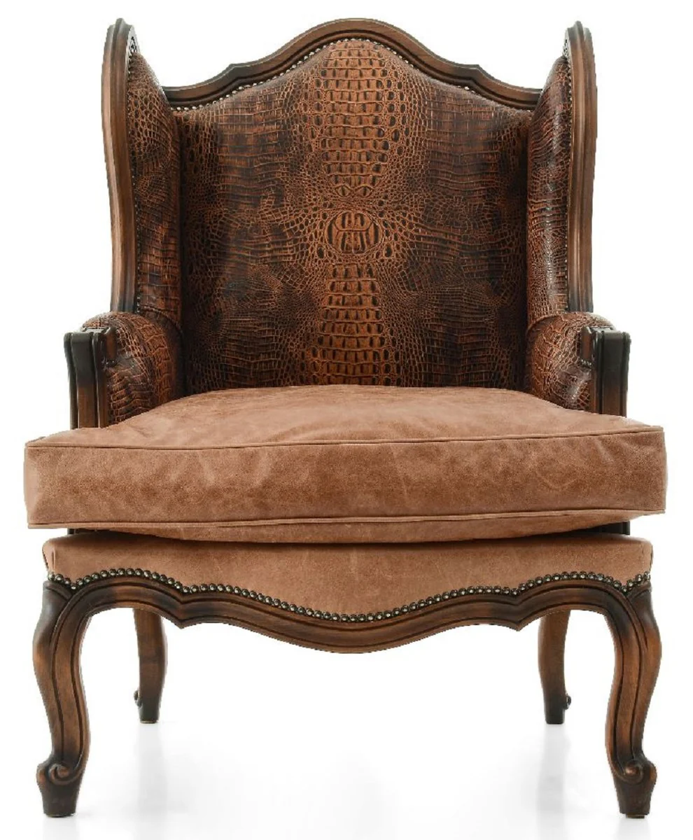 Casa Padrino sill¨®n orejero de cuero barroco de lujo marr¨®n - Sill¨®n de sal¨®n estilo barroco hecho a mano de cuero genuino - Muebles de sal¨®n de lujo en estilo barroco - Muebles de cuero barroco