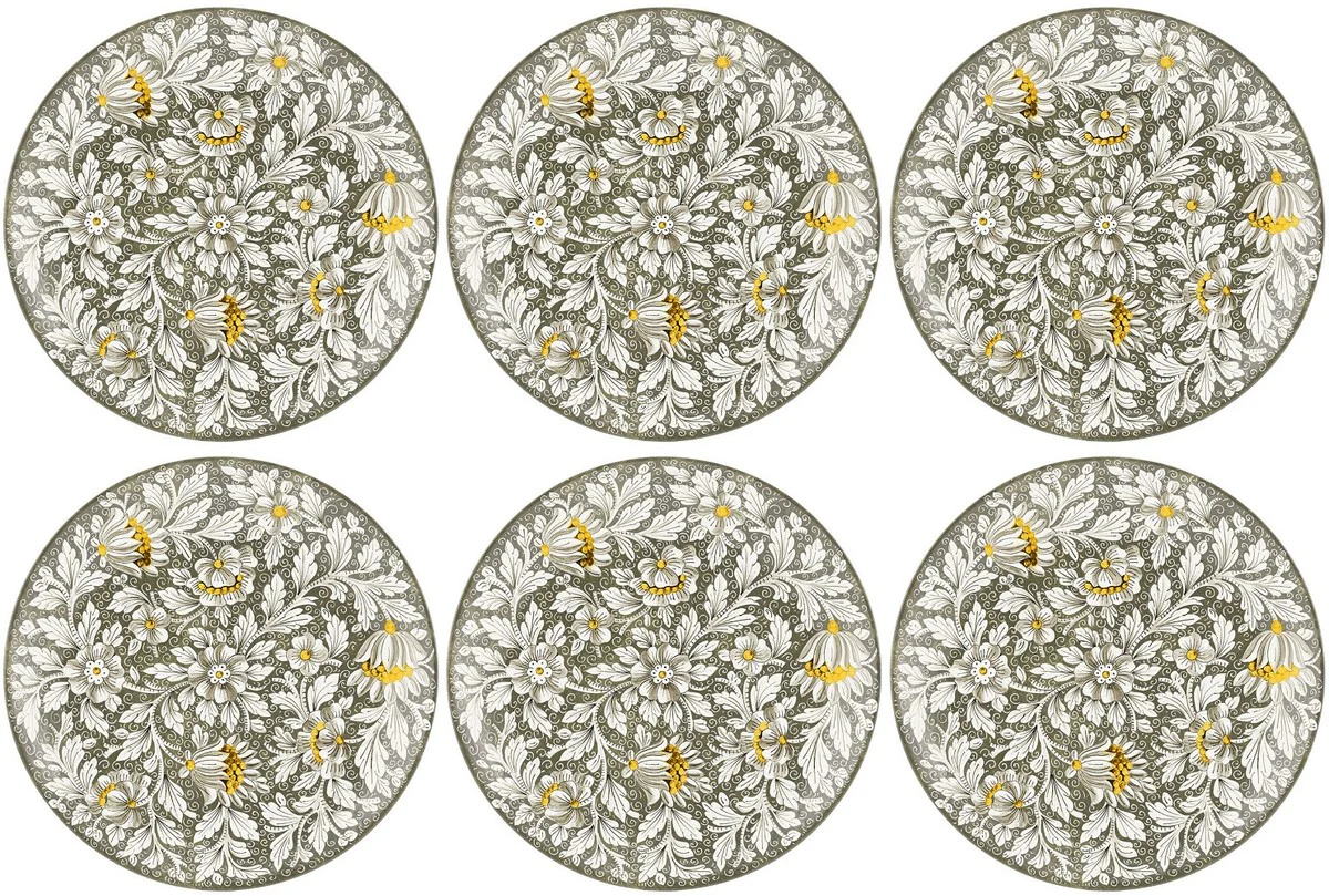 Casa Padrino conjunto de 6 platos de cer¨¢mica de lujo verde oliva / multicolor ? 40 cm - Platos llanos hechos y pintados a mano con dise?o floral - Accesorios hoteles y restaurantes - Hecho en Italia