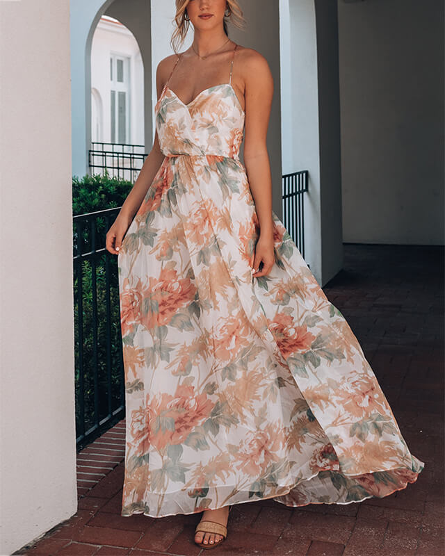 Women's V-neck Printed Slit Sexy Vacation Dress