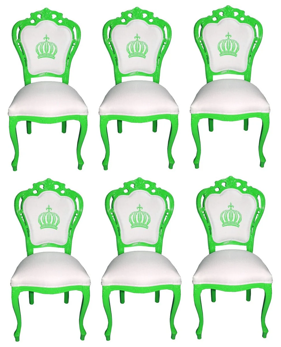 Pomp??s by Casa Padrino Sillas de Comedor Barroco de Lujo Blanco / Verde - Sillas de Estilo Barroco de Pomp??s Dise?adas por Harald Gl??ckler - 6 Sillas de Comedor - Muebles de Comedor Barrocos