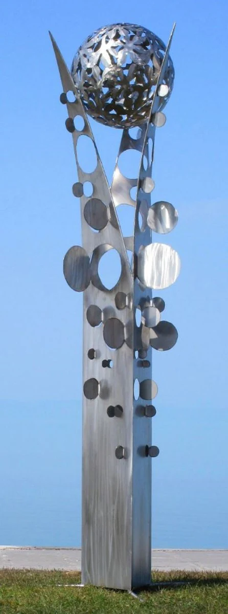 Casa Padrino escultura de jardín de acero inoxidable de diseño columna con bola plata 75 x 70 x A. 268 cm - Decoración de jardín hecha a mano resistente a la intemperie