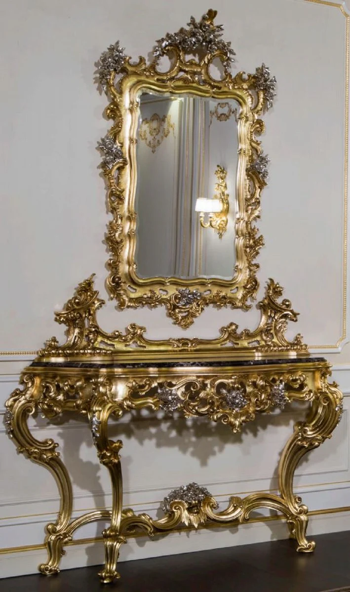 Casa Padrino conjunto de muebles barrocos de lujo consola con espejo oro / plata / negro - Magn¨ªfica consola tallada a mano con espejo de pared - Mobiliario de Hotel - Mobiliario de Castillo
