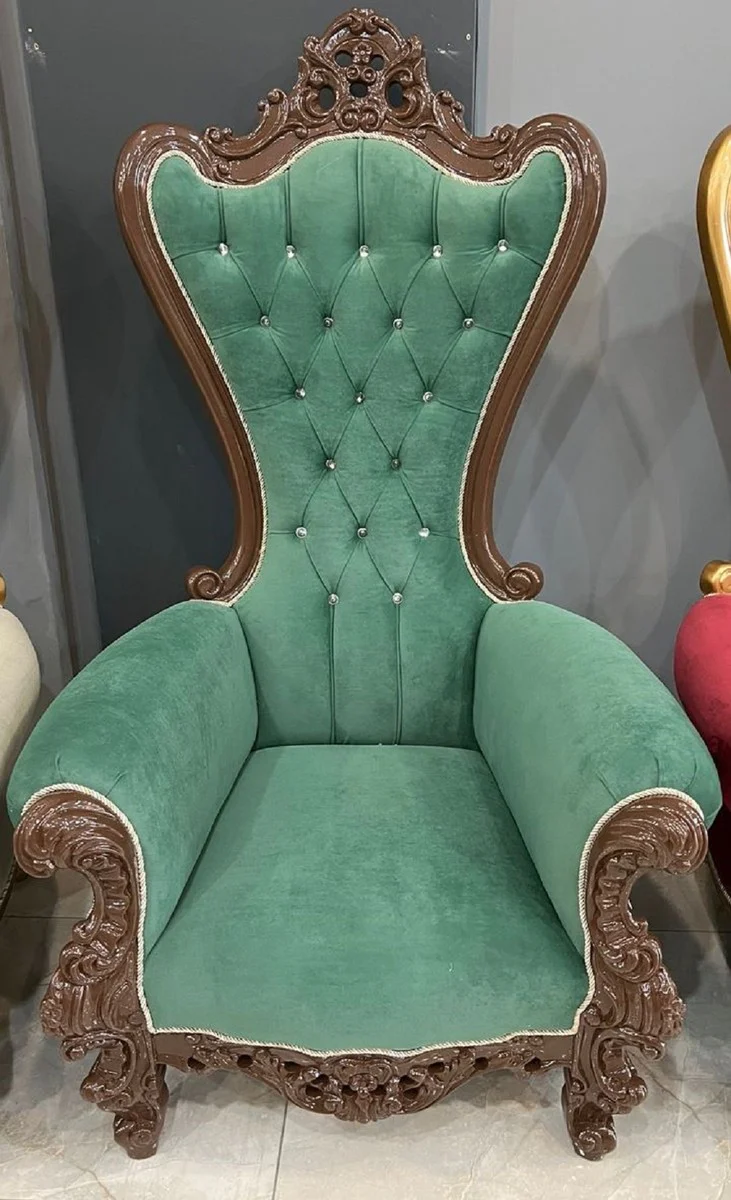 Casa Padrino sill¨®n de trono barroco con tela de terciopelo fino y pedrer¨ªa verde / marr¨®n - Sill¨®n real hecha a mano en estilo barroco - Silla de boda - Sill¨®n gigante - Muebles barrocos