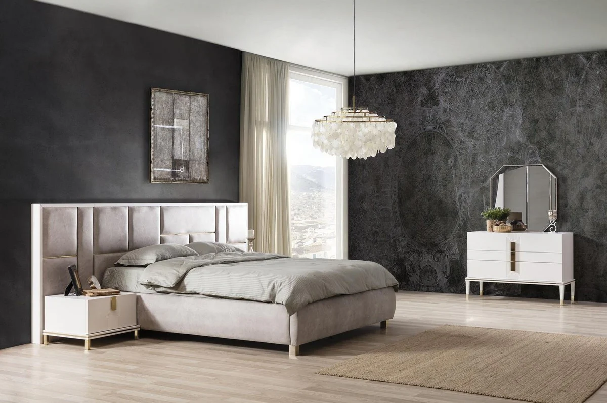 Casa Padrino conjunto de dormitorio de madera maciza de lujo gris / blanco / oro - 1 Cama Doble con Cabecera y 2 Mesitas de Noche - Muebles de dormitorio de lujo
