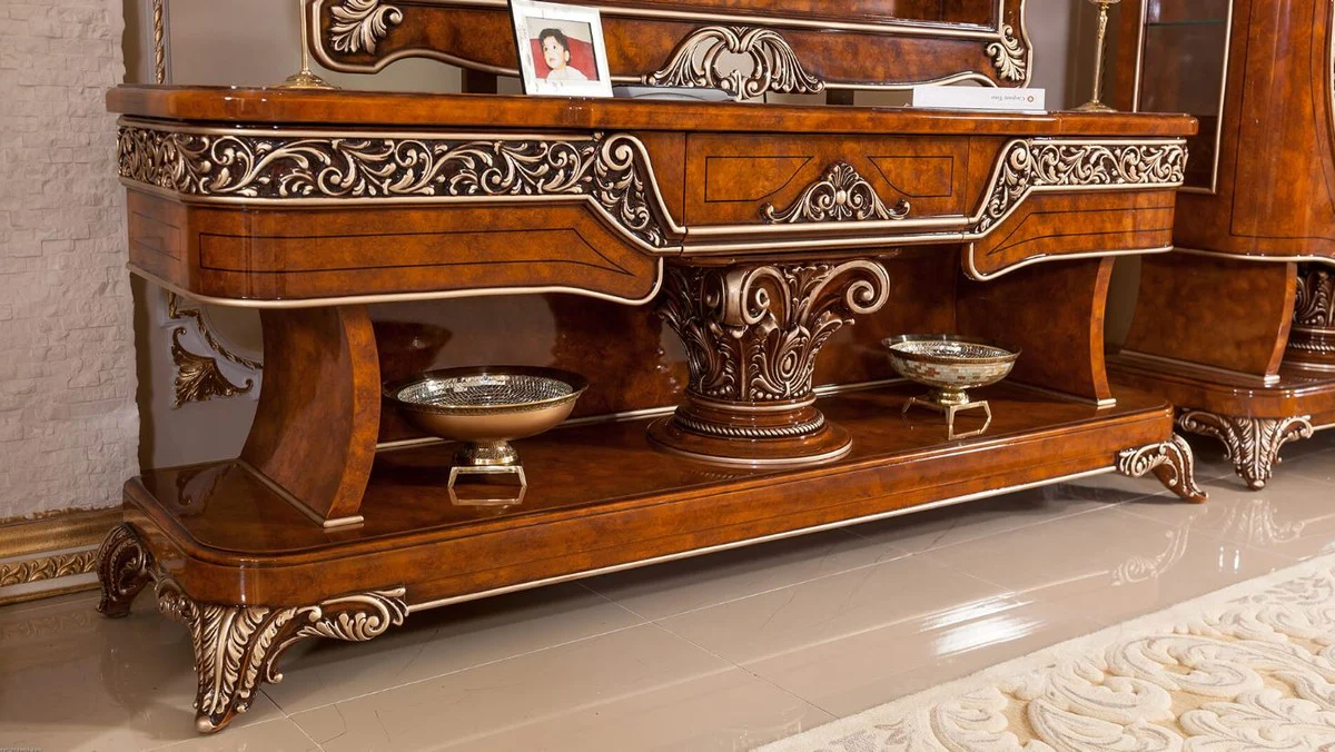 Casa Padrino armario de TV barroco de lujo marrón / bronce - Magnífico aparador de salón con pared trasera - Muebles de salón barrocos - Noble y Magnífico