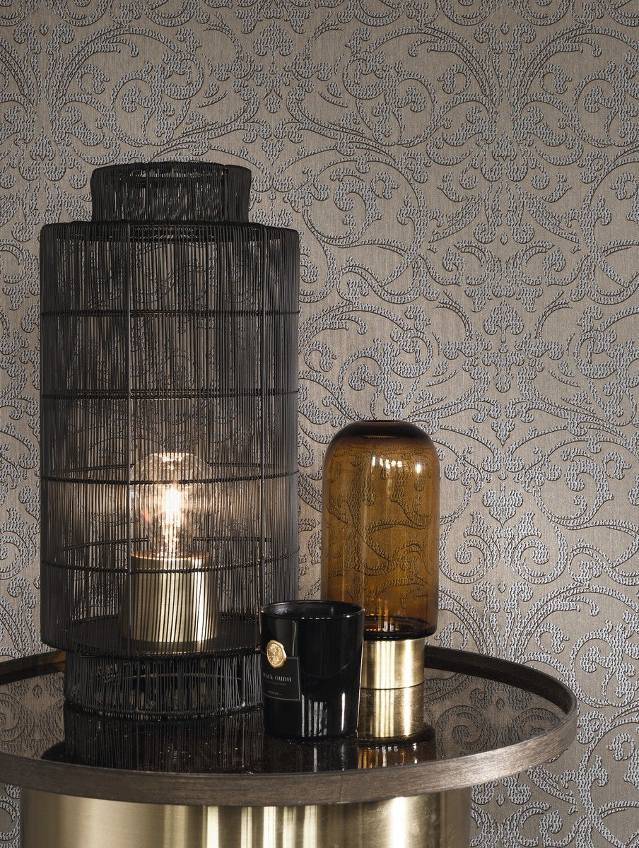 Casa Padrino Papel Tapiz Textil Barroco Marrón / Plata - 10,05 x 0,53 m - Papel Pintado de Tela con Superficie Texturizada