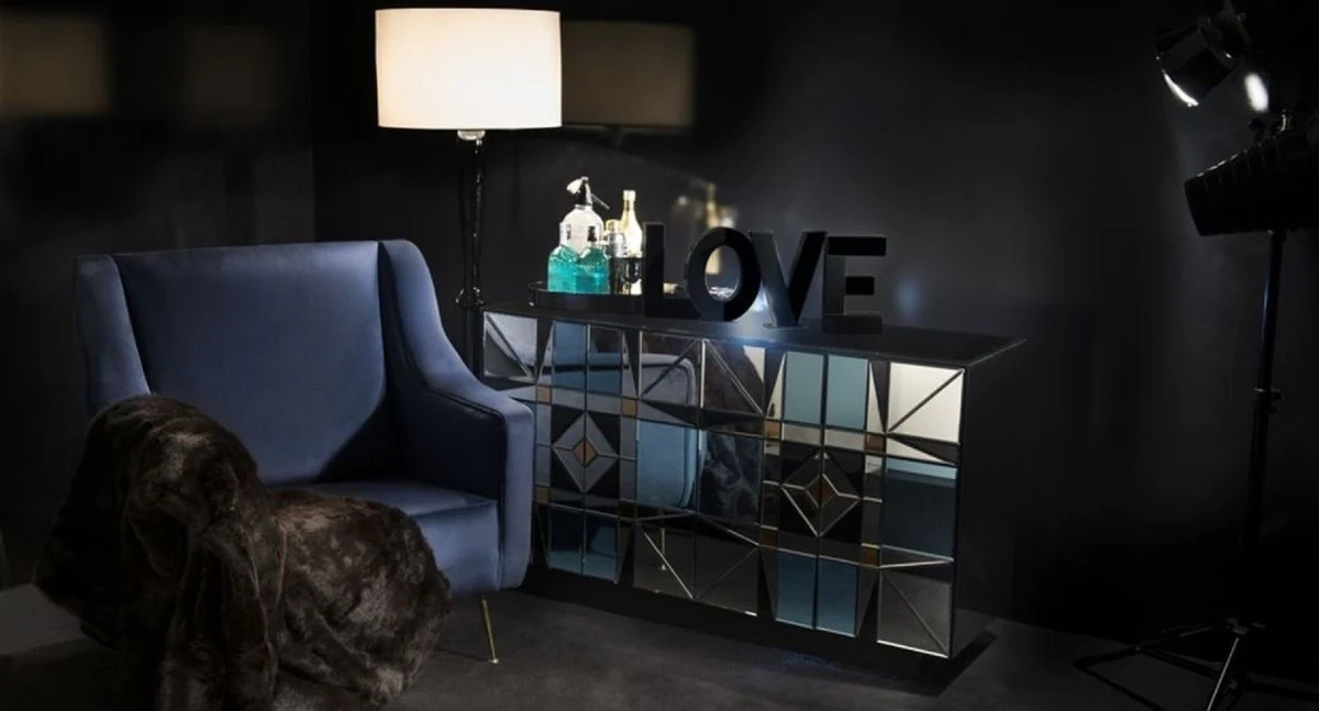 Casa Padrino aparador de lujo negro / azul 140 x 45 x A. 80 cm - Armario de madera maciza con 4 puertas espejadas - Muebles de Lujo