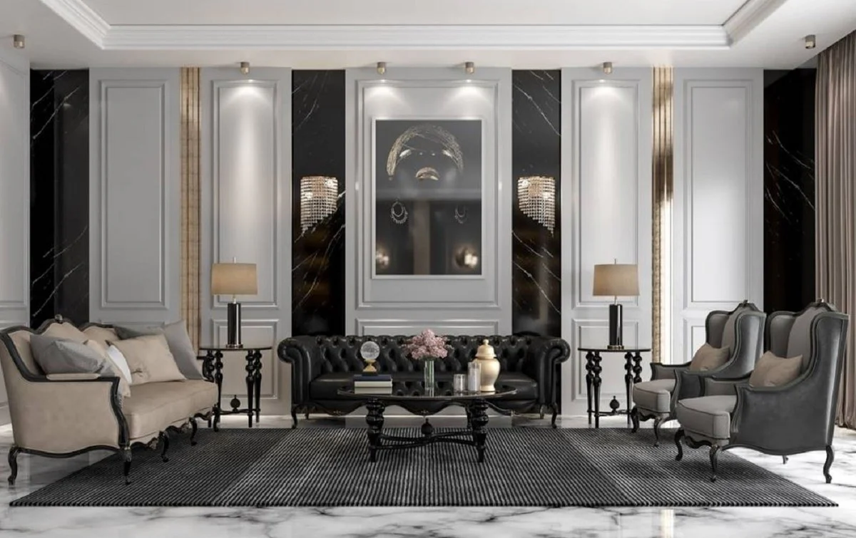 Casa Padrino sof¨¢ barroco de lujo beige / negro 230 x 90 x A. 105 cm - Muebles de sal¨®n de alta calidad en estilo barroco - Noble y Magn¨ªfico