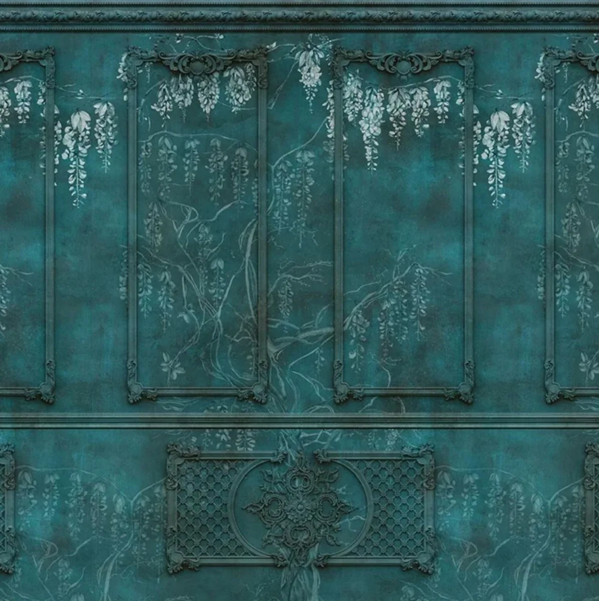 Casa Padrino papel pintado no tejido barroco de lujo verde antiguo / blanco - Papel pintado de salón de estilo barroco con patrón estuco elegante - Decoración de salón barroco