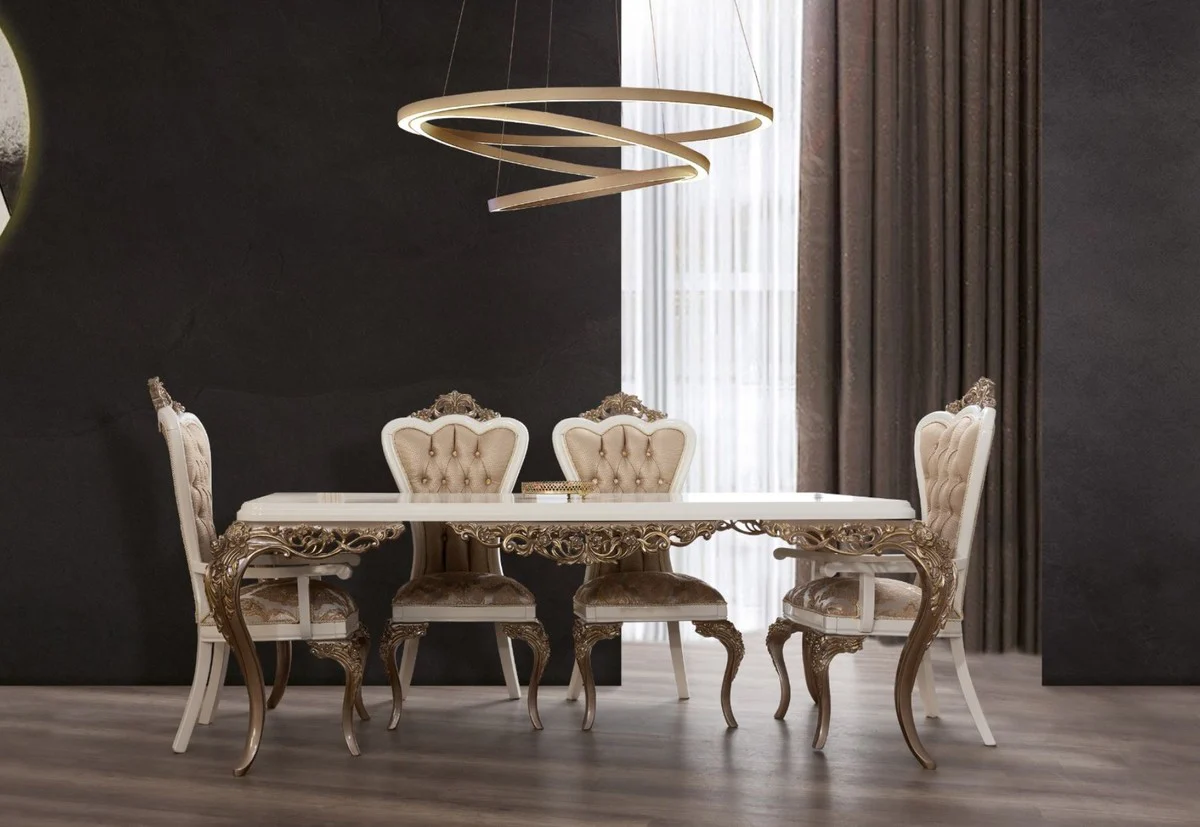 Casa Padrino conjunto de comedor barroco de lujo blanco / marr¨®n / oro - 1 Mesa de Comedor y 6 Sillas de Comedor - Muebles de Comedor Barrocos Nobles - Noble y Magn¨ªfico