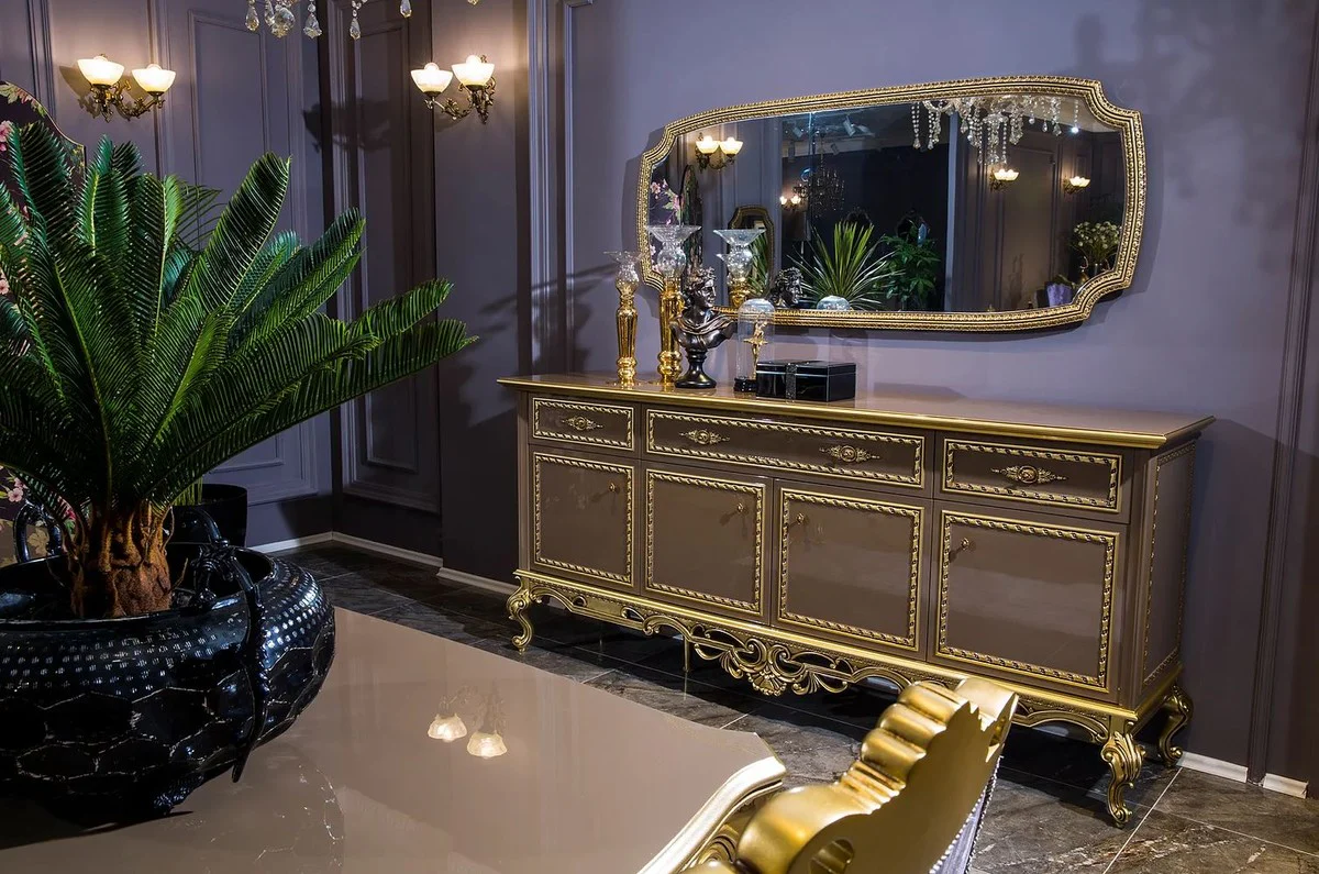 Casa Padrino mesa de comedor barroco de lujo gris / oro - Magn¨ªfica mesa de comedor de madera maciza - Muebles de comedor barrocos - Noble y Magn¨ªfico