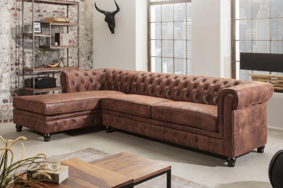 Casa Padrino sof¨¢ de esquina Chesterfield izquierda marr¨®n antiguo - Sof¨¢ de microfibra para sala de estar - Muebles de Sala de Estar Chesterfield