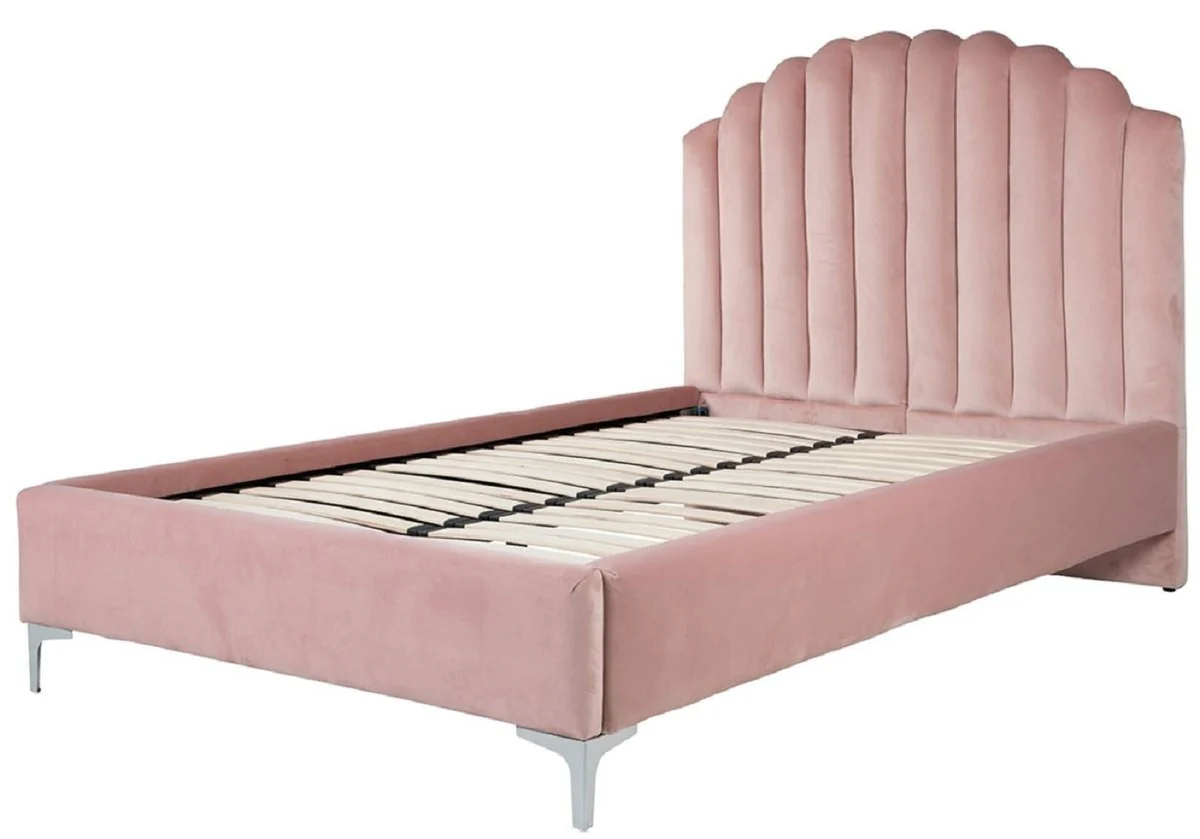 Casa Padrino cama doble Art Deco de lujo rosa / plata 136 x 215 x A. 131 cm - Cama de madera maciza con tela de terciopelo fino - Muebles de dormitorio - Muebles Art Deco de lujo