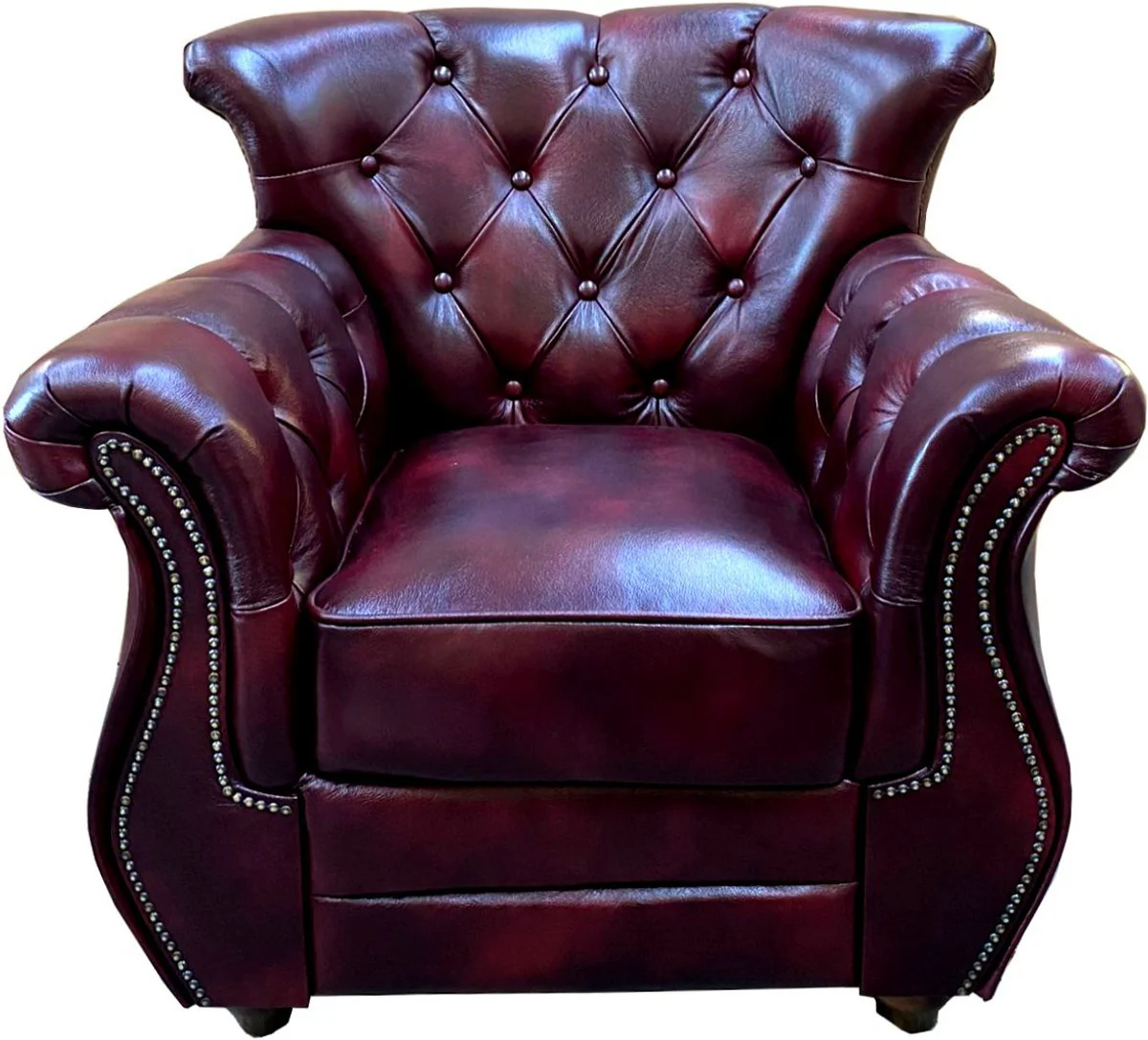 Casa Padrino conjunto de sal¨®n de cuero real Chesterfield de lujo rojo burdeos / marr¨®n / plata - 2 Sof¨¢s de Cuero y 2 Sillones de Cuero - Muebles de Sal¨®n - Muebles Chesterfield